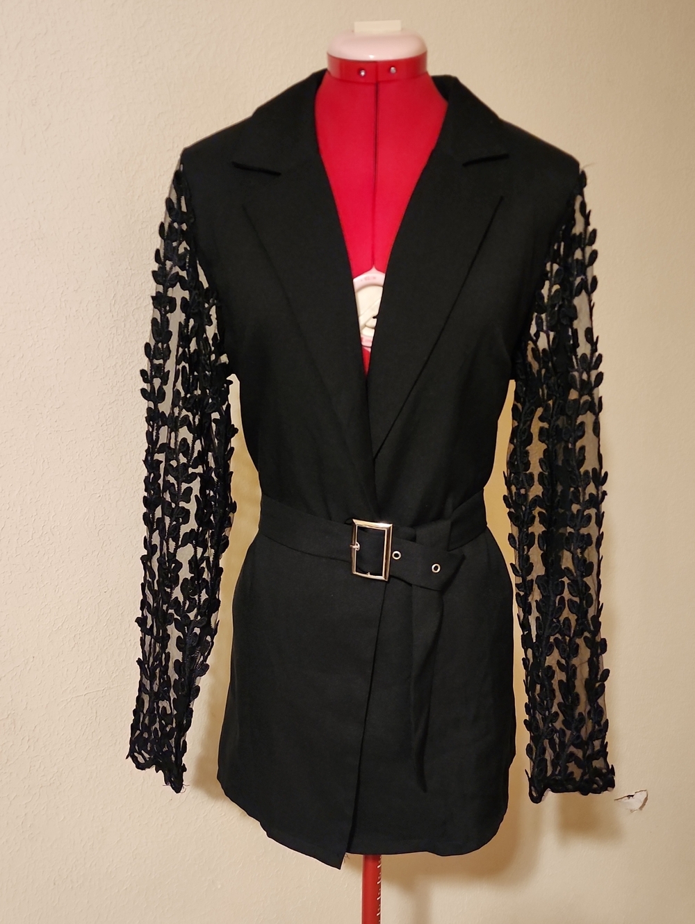 PLT Black Lace Sleeve Belted Blazer Jacket NWOT Size 12
